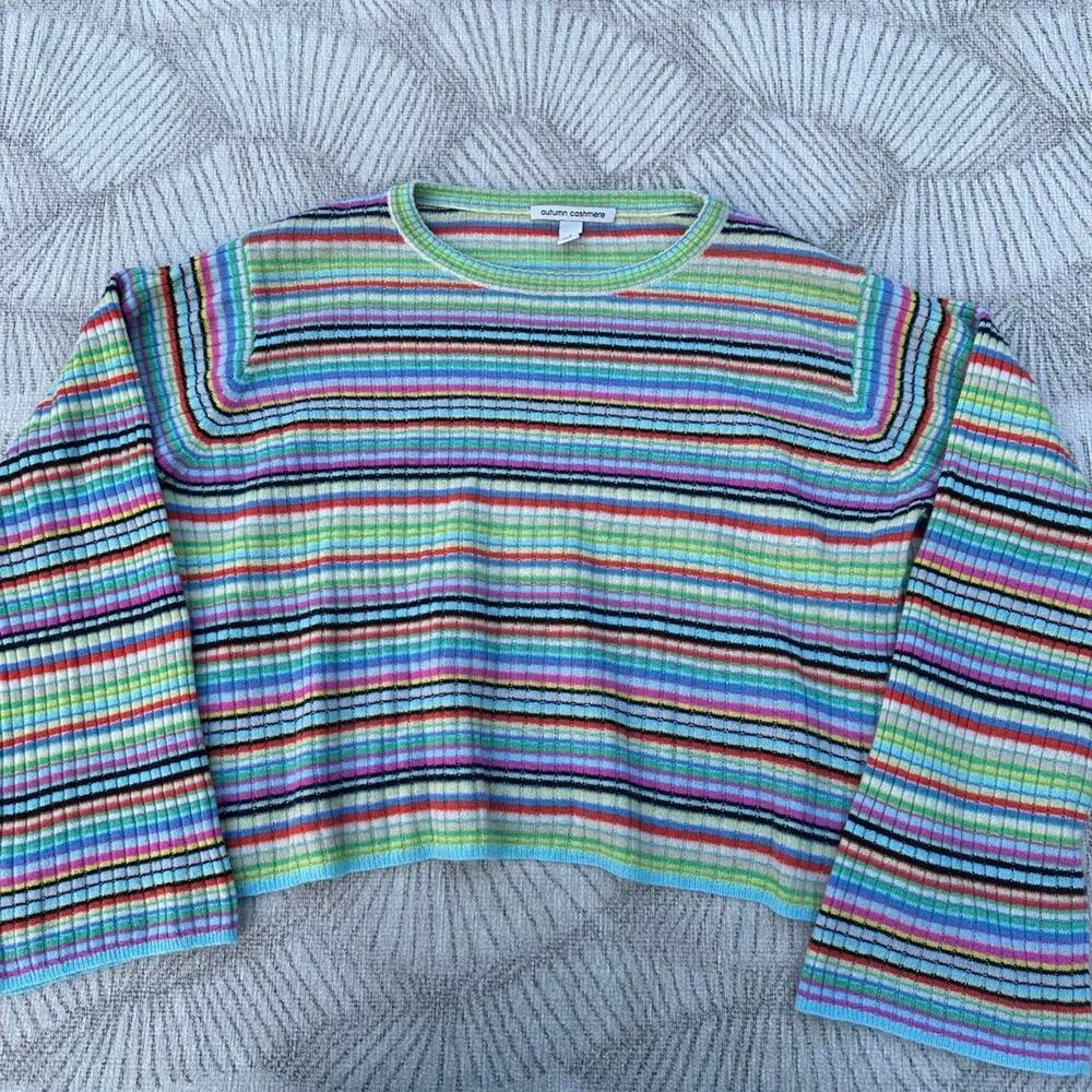 Autumn cashmere womens multi colored striped cropped sweater 100% cashmere Sz S